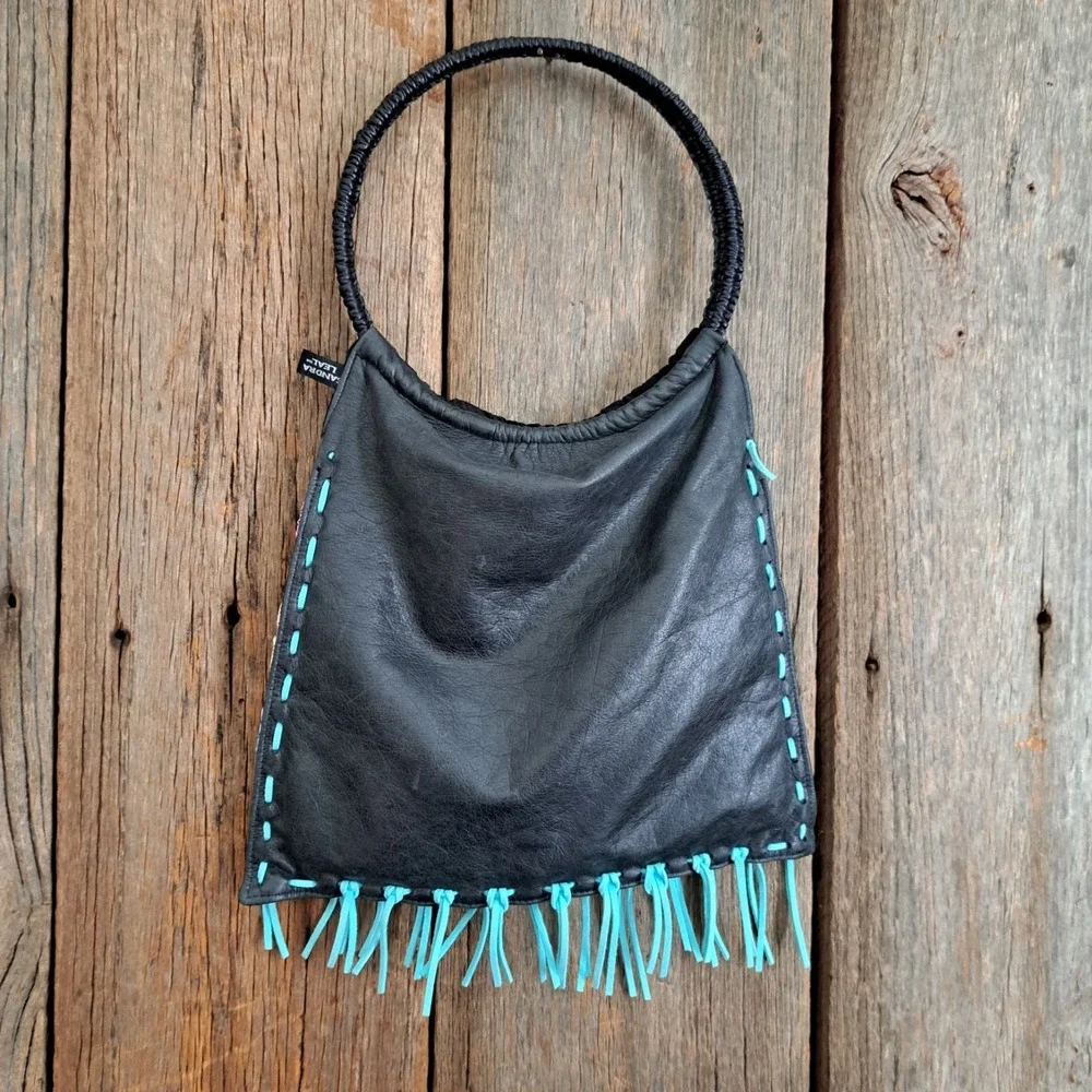 Whimsigoth Cottage Folk Art Embroidered Circle Handle Leather Fringe Bag S Leal
